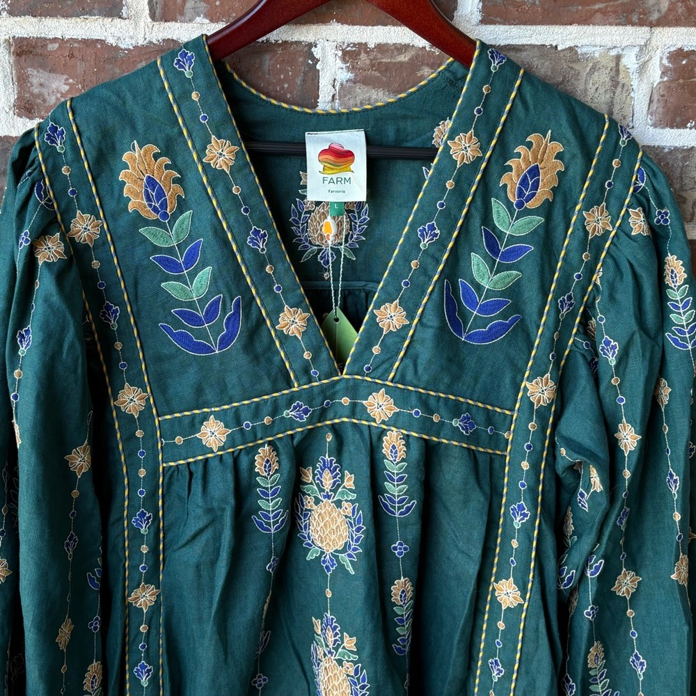 FARM Rio Pineapple Embroidered Green Linen Tunic Maxi Dress Size Large NWT - Picture 7 of 16